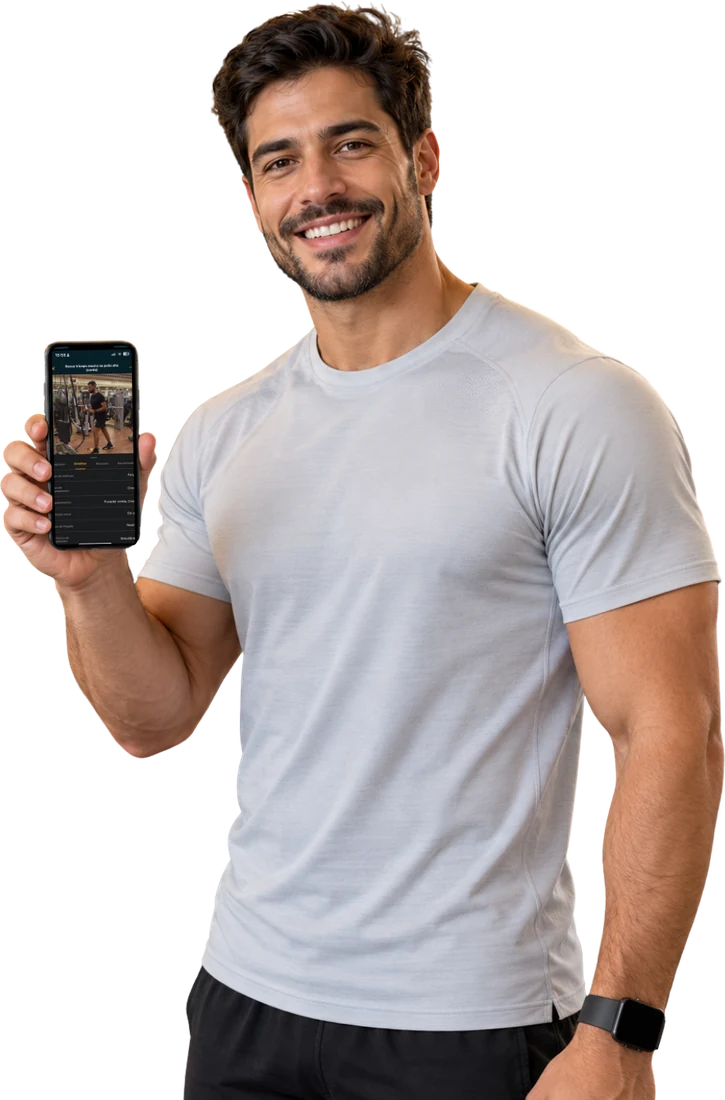 Personal trainer segurando o celular com o app PersonalGO aberto